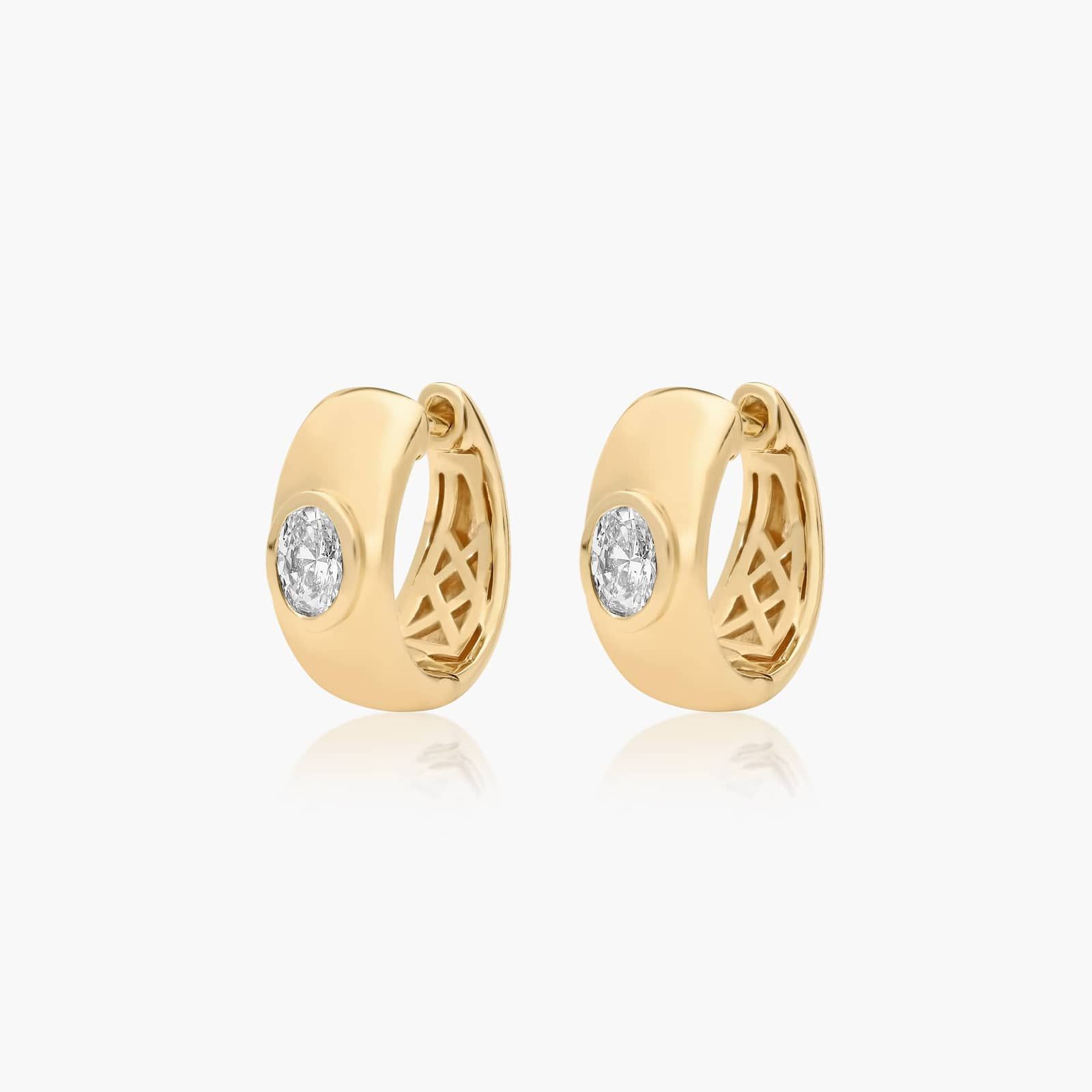 14K Yellow Gold Fancy Bezels Lab Grown Oval Diamond Huggie Hoop Earrings
