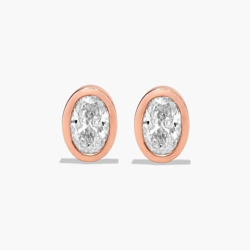 14K Rose Gold Fancy Bezels Lab Grown Oval Diamond Stud Earrings