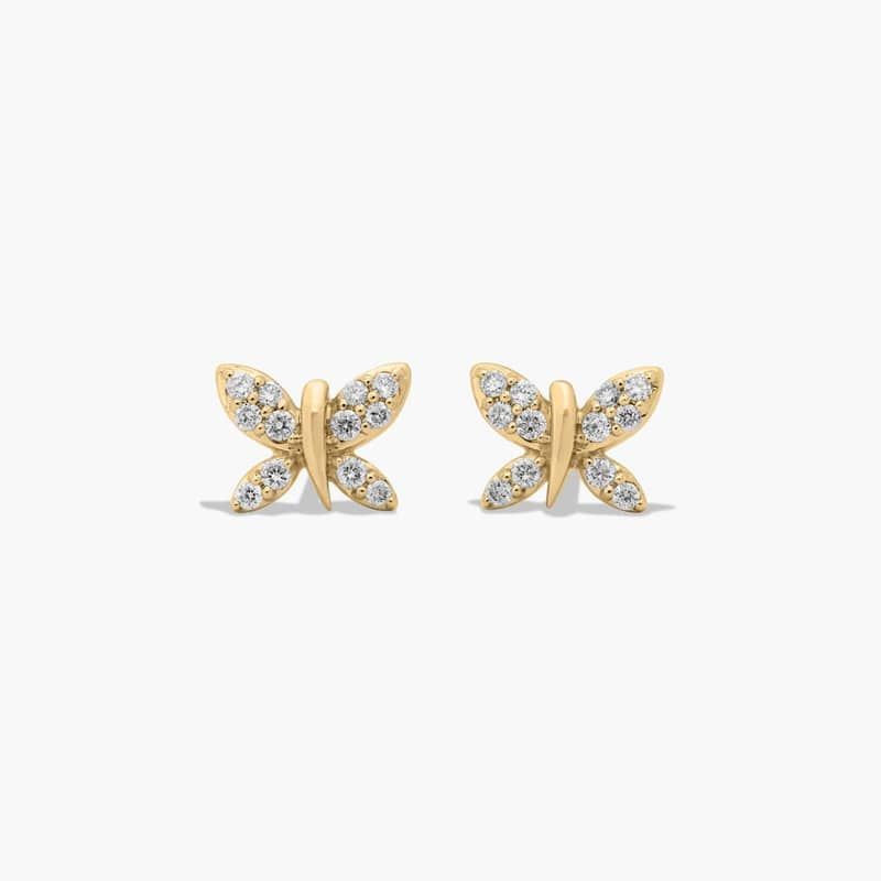 14K Yellow Gold Dainty Diamonds Pavé Butterfly Stud Earrings
