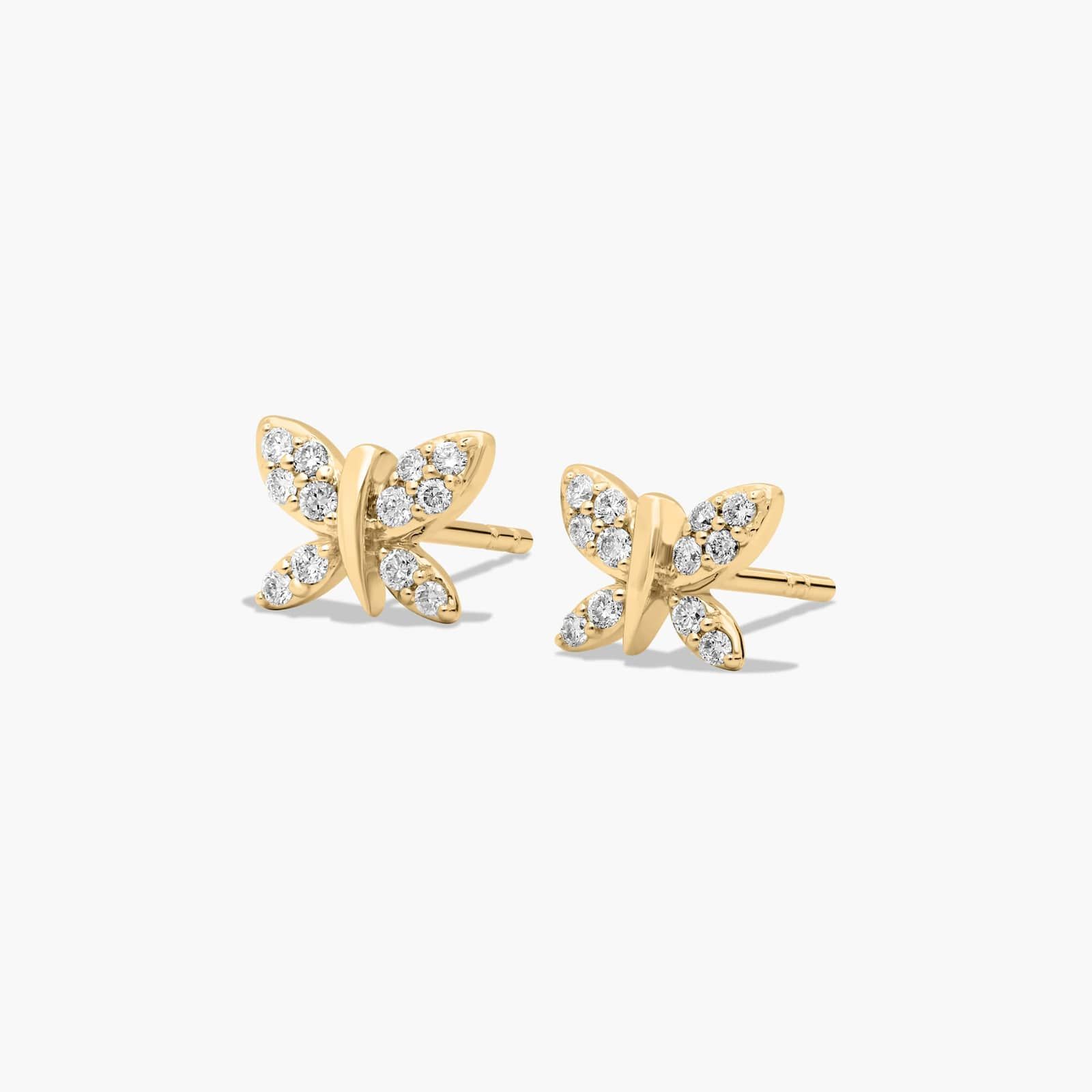14K Yellow Gold Dainty Diamonds Pavé Butterfly Stud Earrings