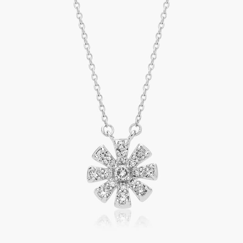14K White Gold Dainty Diamonds Pavé Flower Necklace