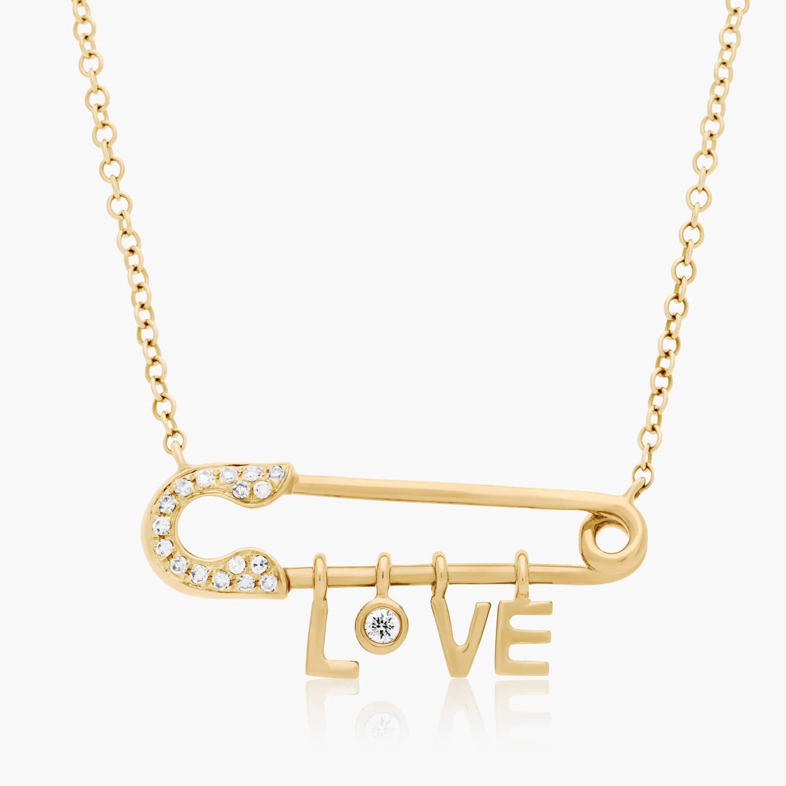 Dainty Diamonds Safety Pin Love Necklace In 14K Yellow Gold-81879y14