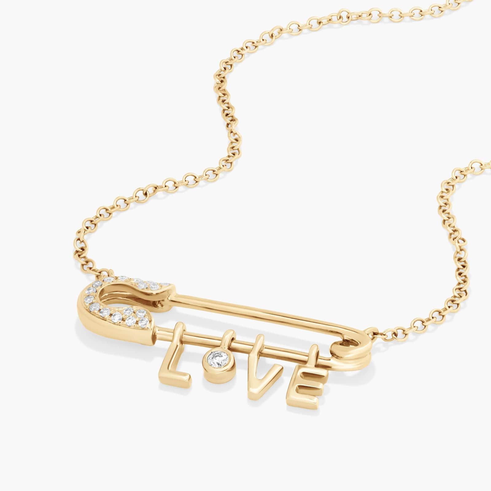 Dainty Diamonds Safety Pin Love Necklace In 14K Yellow Gold
