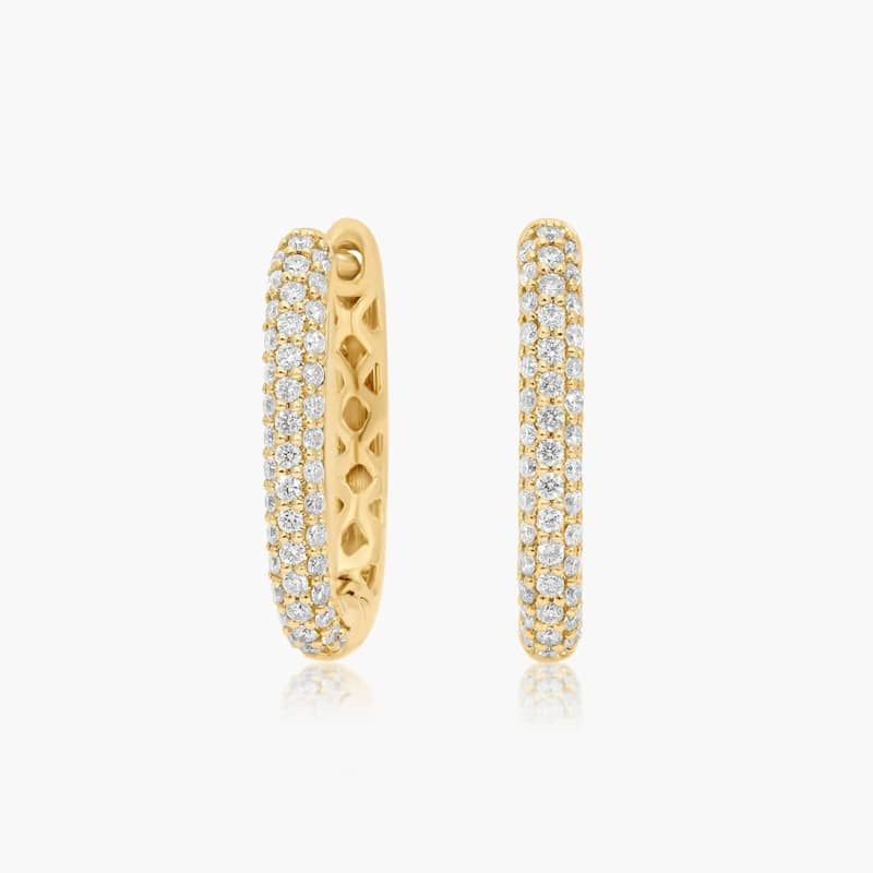 Triple Row Pavé Square Diamond Hoop Earrings In 14K Yellow Gold