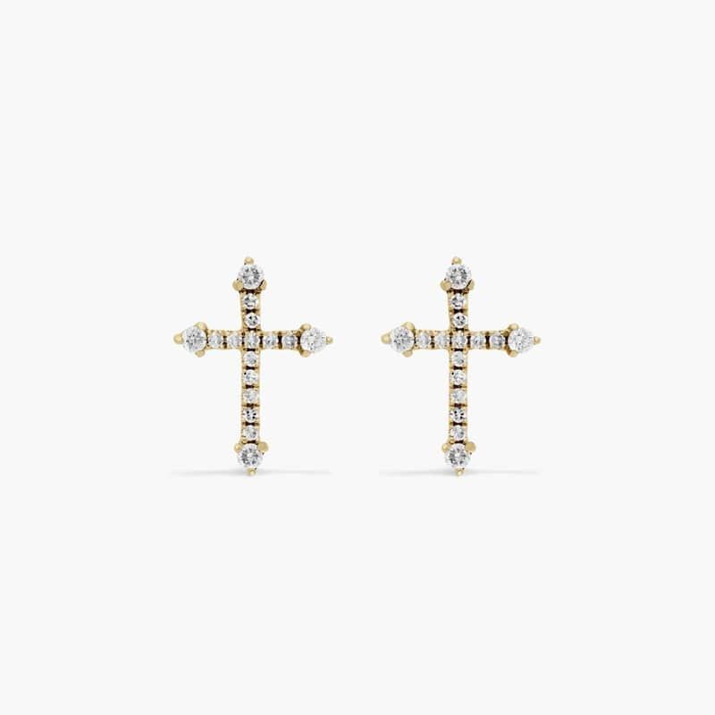 Cross Diamond Stud Earrings In 14K Yellow Gold
