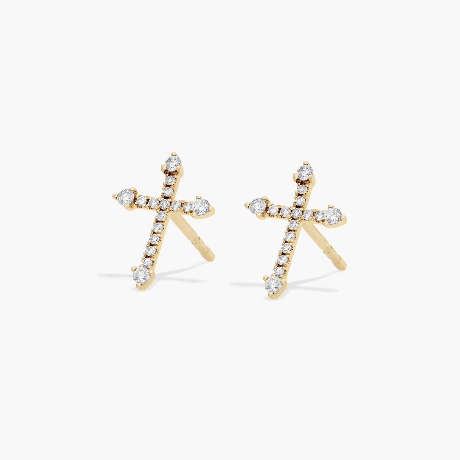Cross Diamond Stud Earrings In 14K Yellow Gold