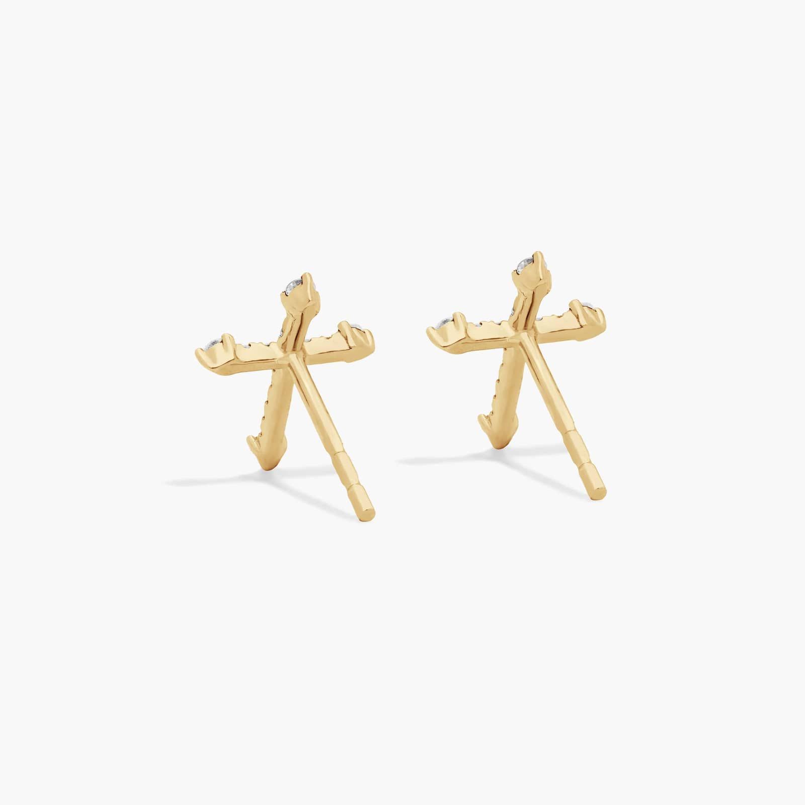 Cross Diamond Stud Earrings In 14K Yellow Gold