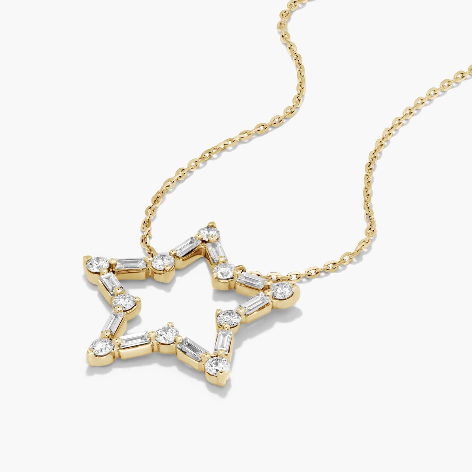 Dainty Star Necklace With Alternating Baguette And Round Diamonds In 14K Yellow Gold