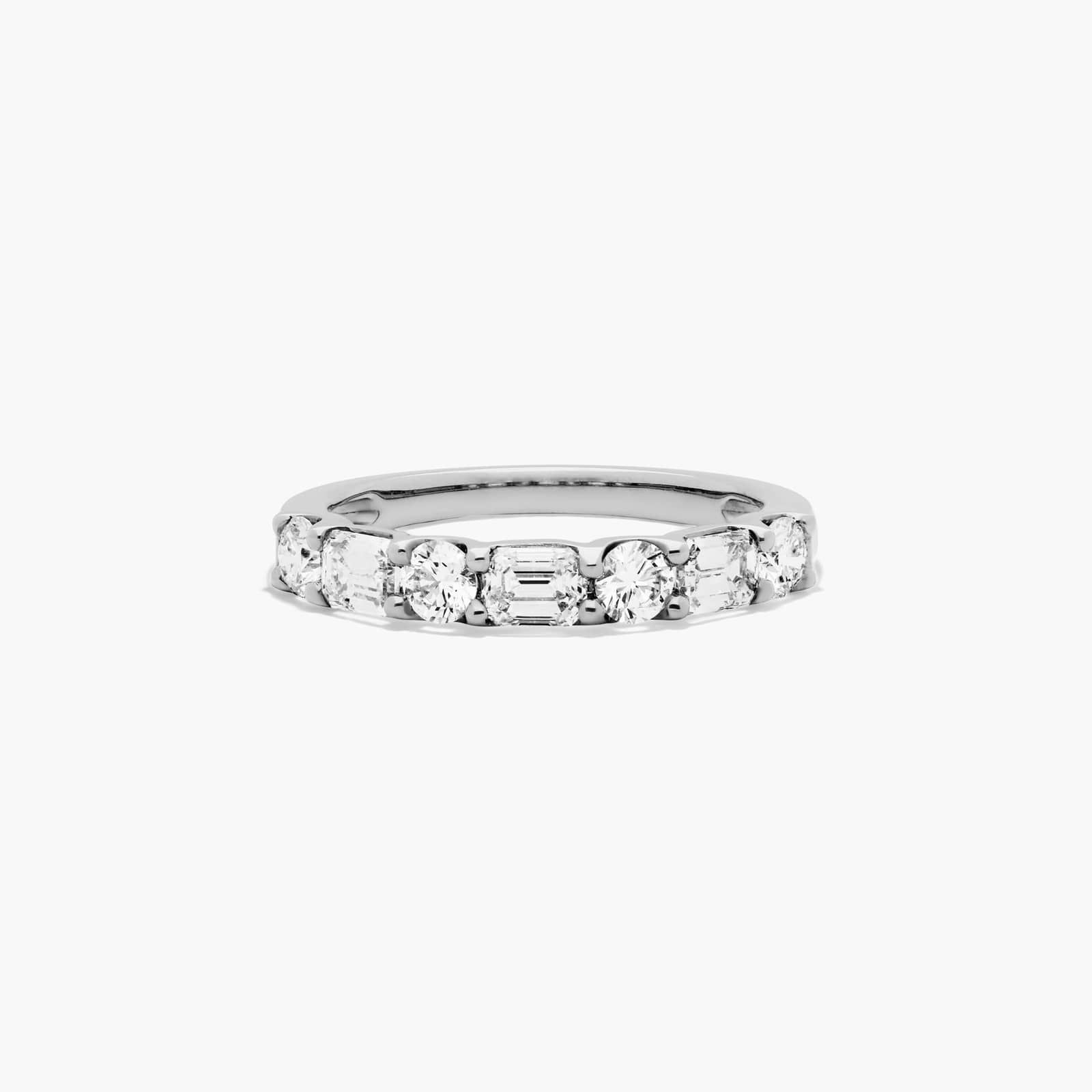 Alternating Emerald And Round Diamond Ring In 14K White Gold
