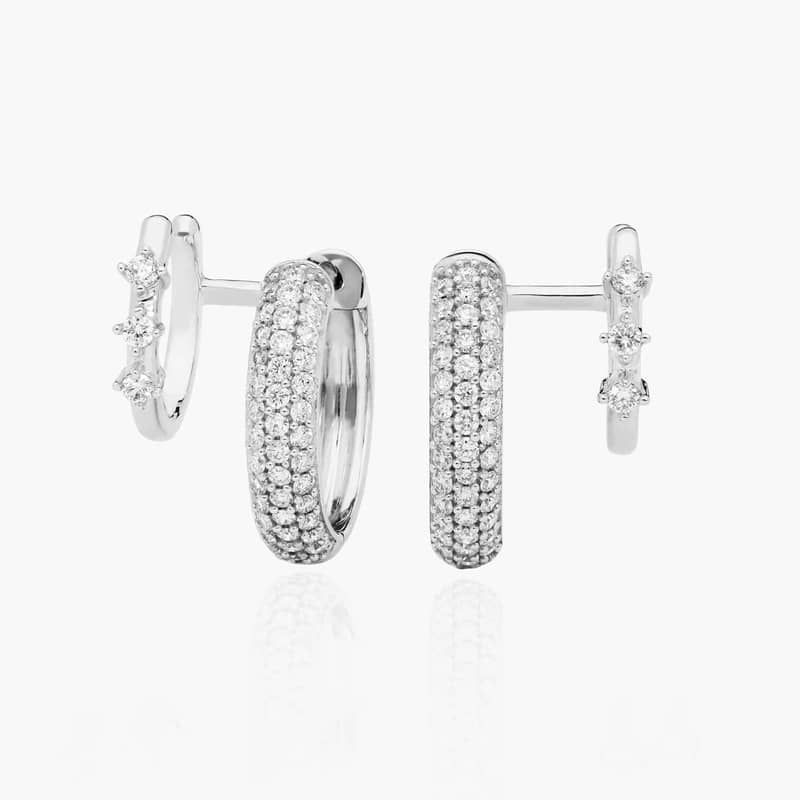 Double Row Climber Huggie Hoop Earrings With Lab-Grown Diamonds In 14K White Gold