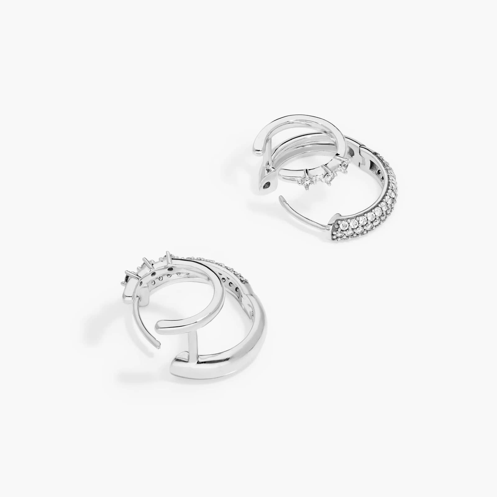 Double Row Climber Huggie Hoop Earrings With Lab-Grown Diamonds In 14K White Gold