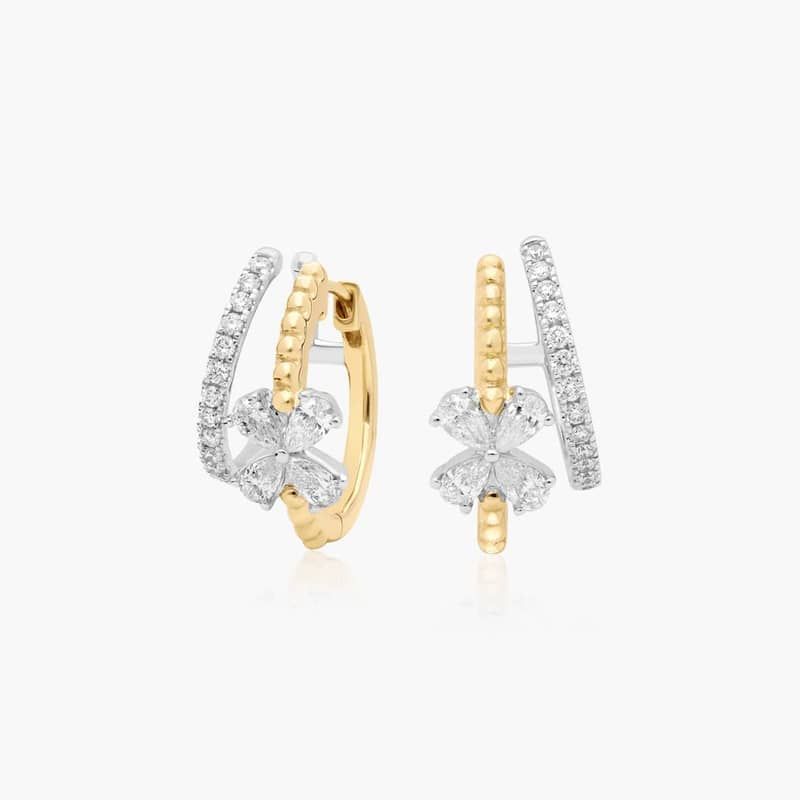 Two-Tone Climber Huggie Earrings With Flower Detail and Lab-Grown Diamonds In 14K Gold