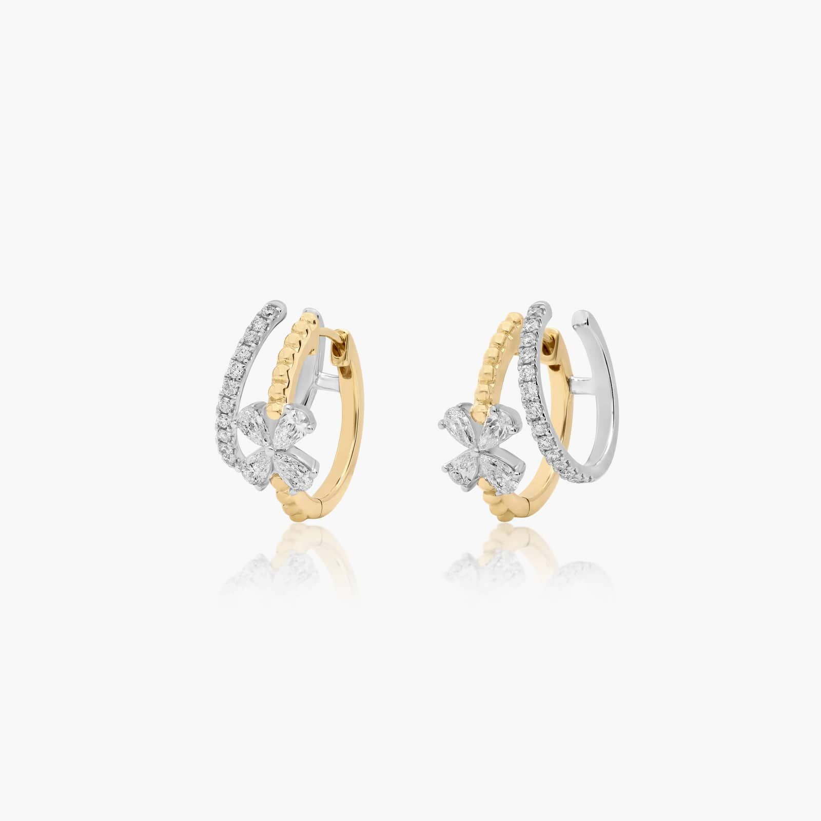 Two-Tone Climber Huggie Earrings With Flower Detail and Lab-Grown Diamonds In 14K Gold