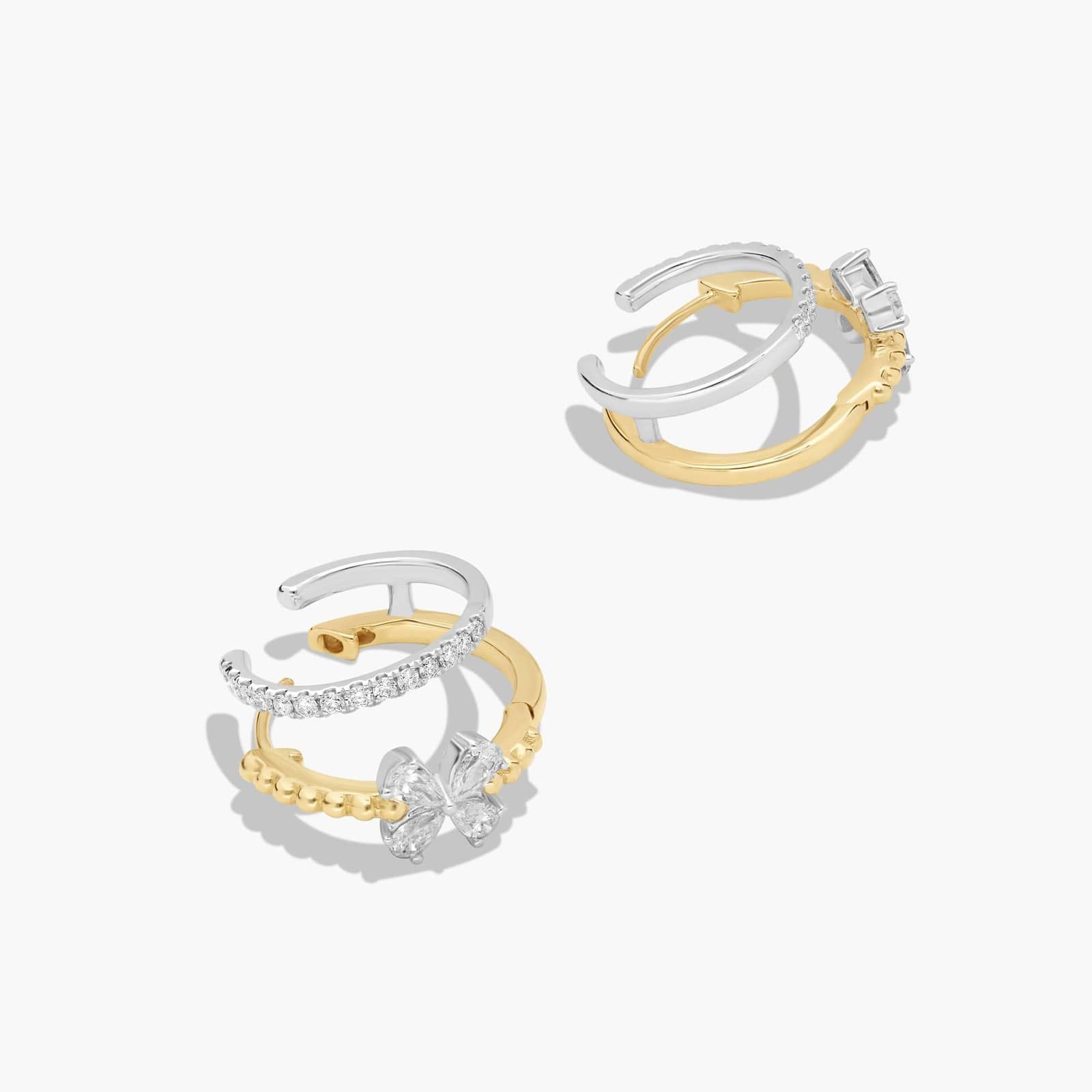 Two-Tone Climber Huggie Earrings With Flower Detail and Lab-Grown Diamonds In 14K Gold
