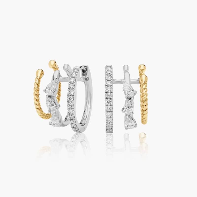 Two-Tone Triple Row Climber Huggie Earrings With Lab-Grown Diamonds In 14K Gold