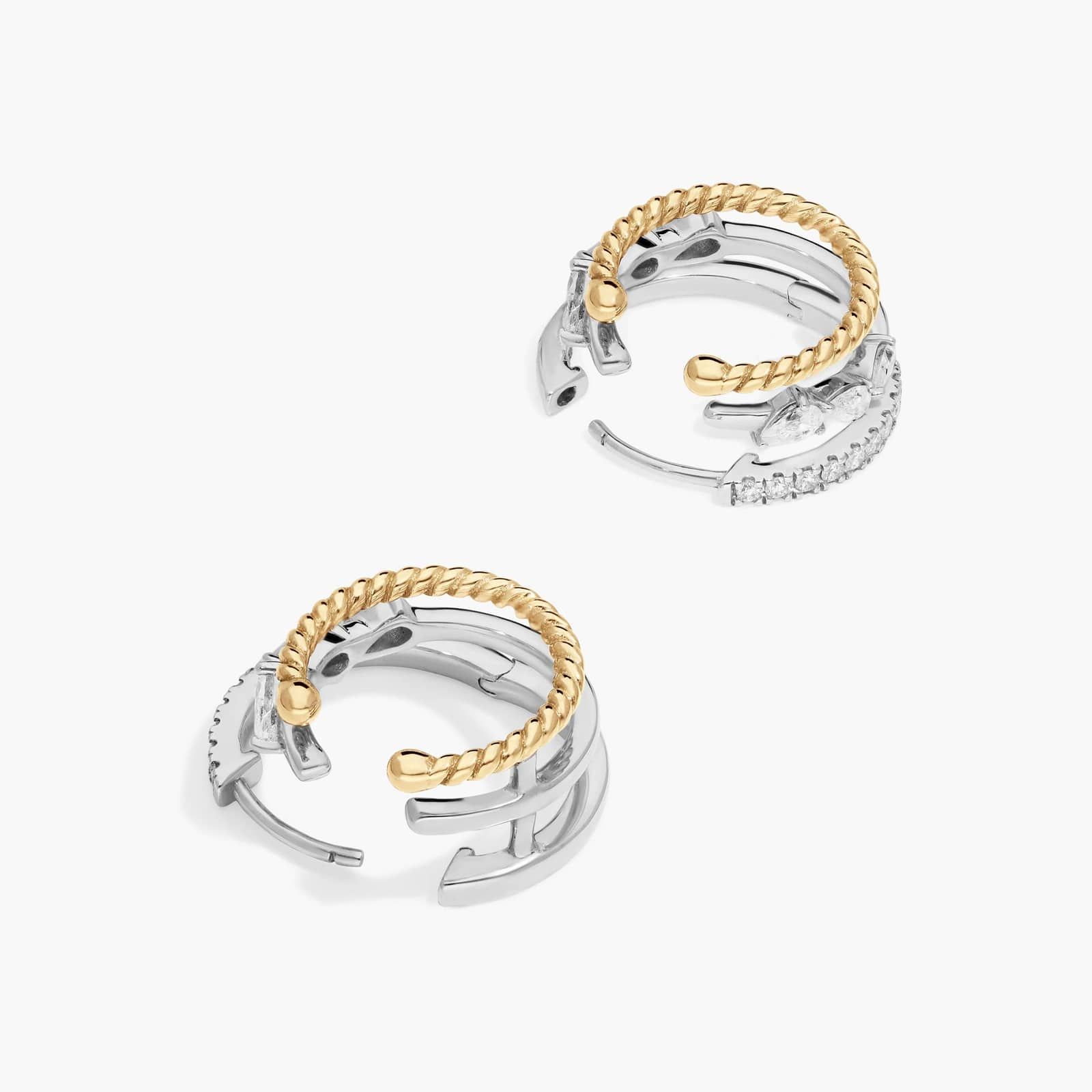 Two-Tone Triple Row Climber Huggie Earrings With Lab-Grown Diamonds In 14K Gold