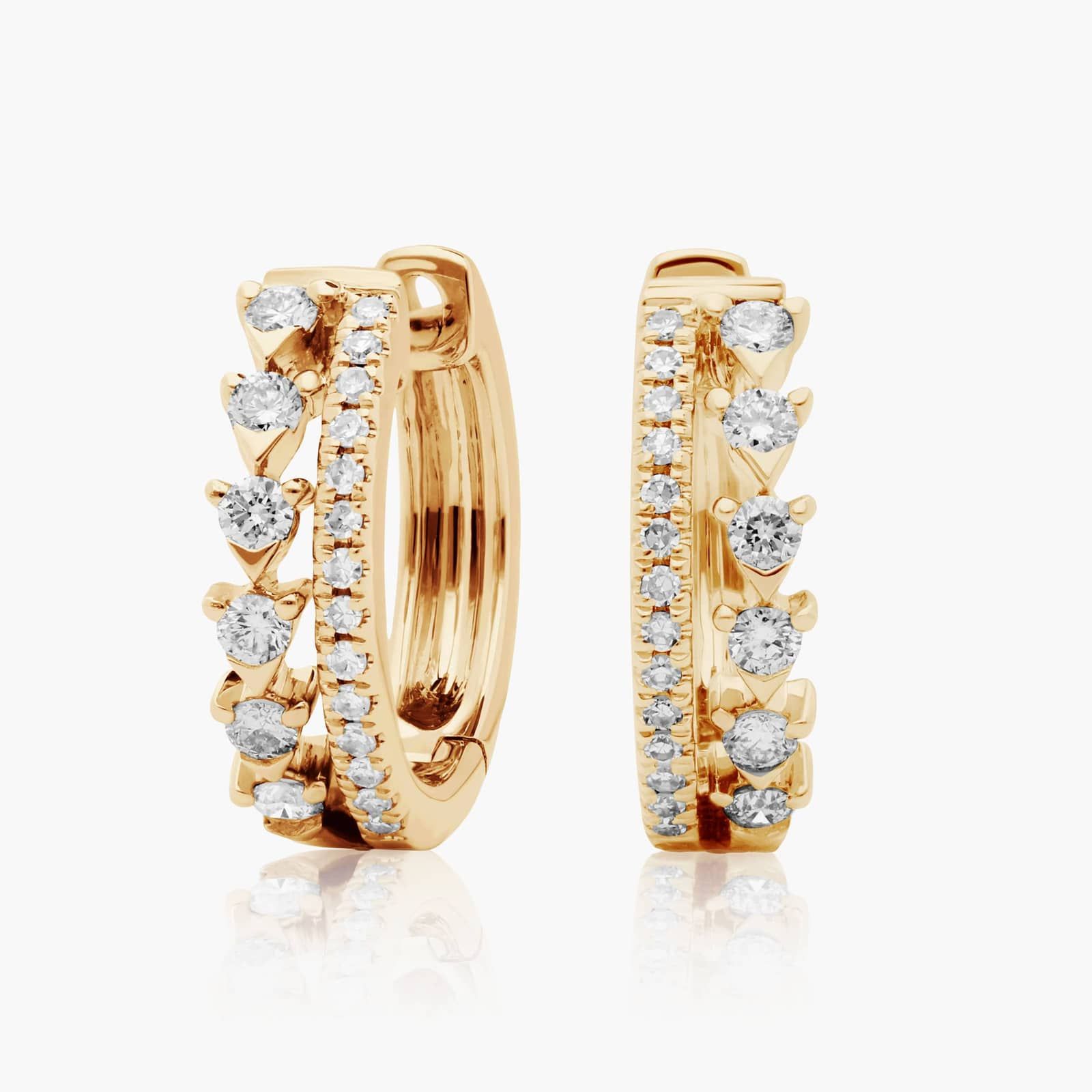 Dainty Double Row Diamond Huggie Hoop Earrings In 14K Yellow Gold