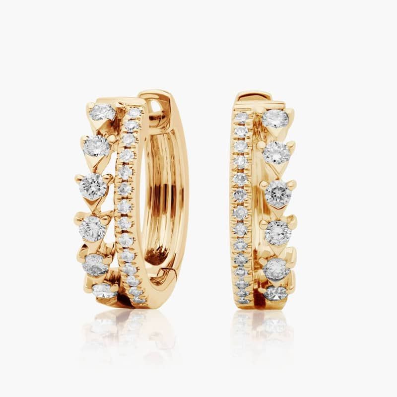 Dainty Double Row Diamond Huggie Hoop Earrings In 14K Yellow Gold