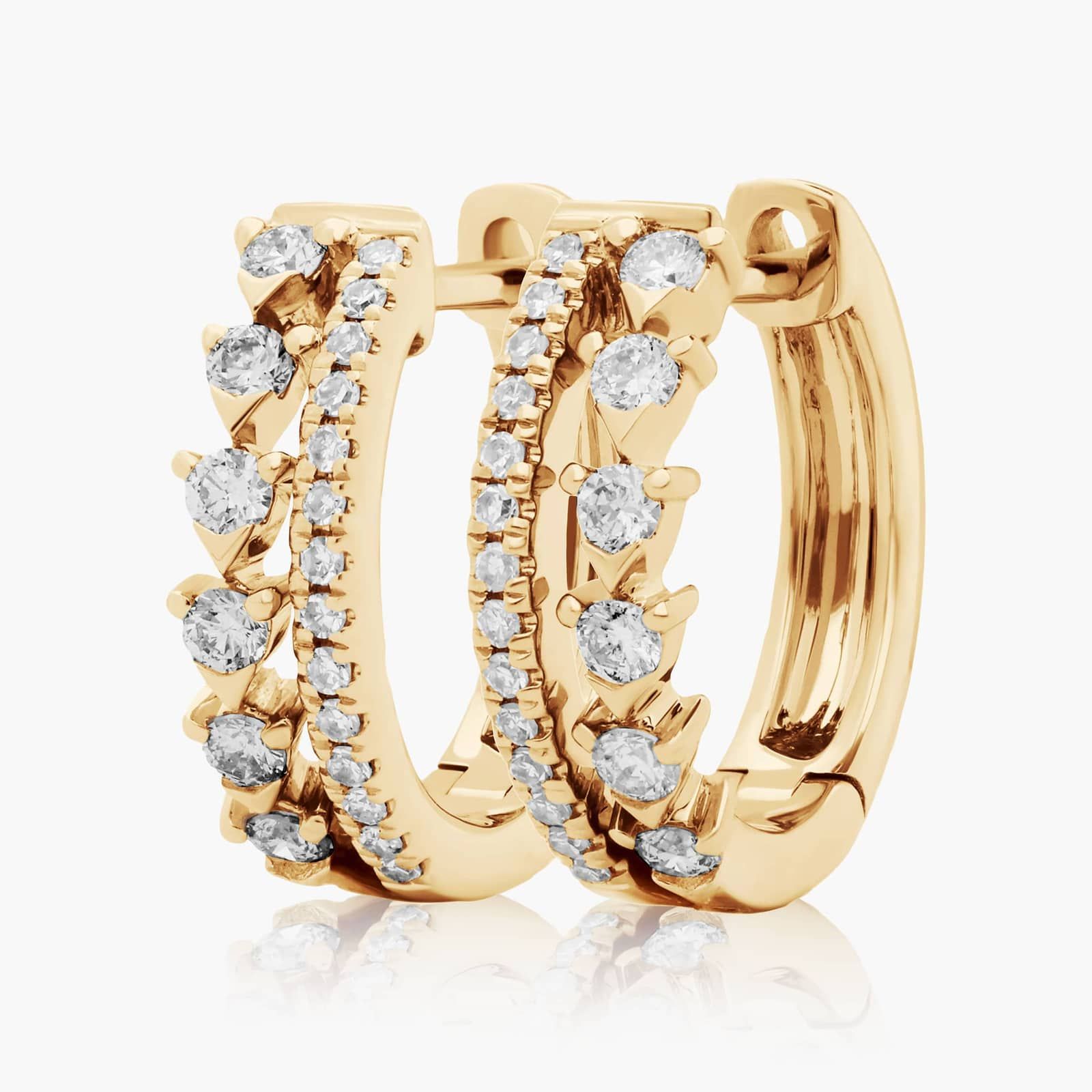 Dainty Double Row Diamond Huggie Hoop Earrings In 14K Yellow Gold