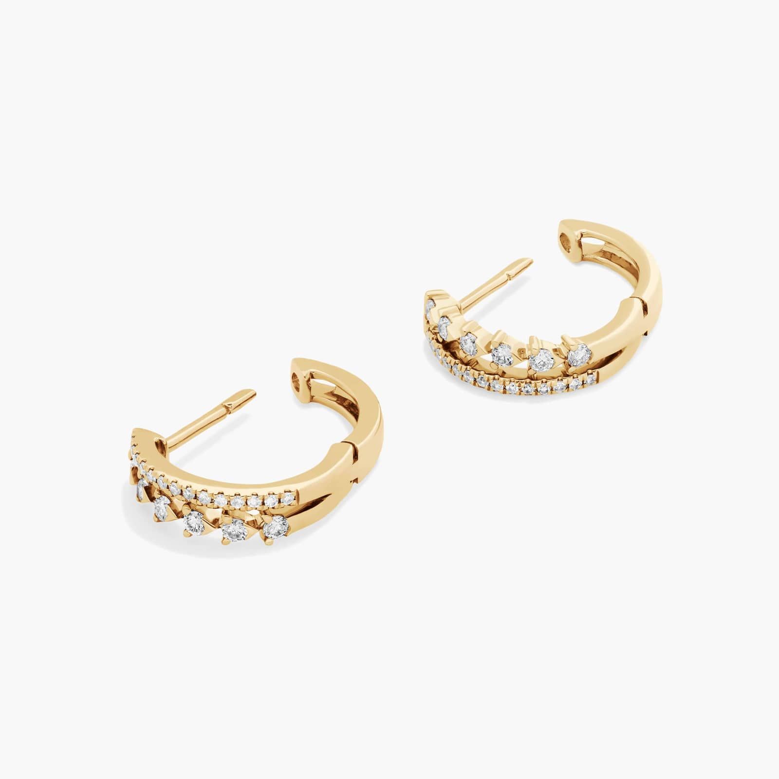 Dainty Double Row Diamond Huggie Hoop Earrings In 14K Yellow Gold