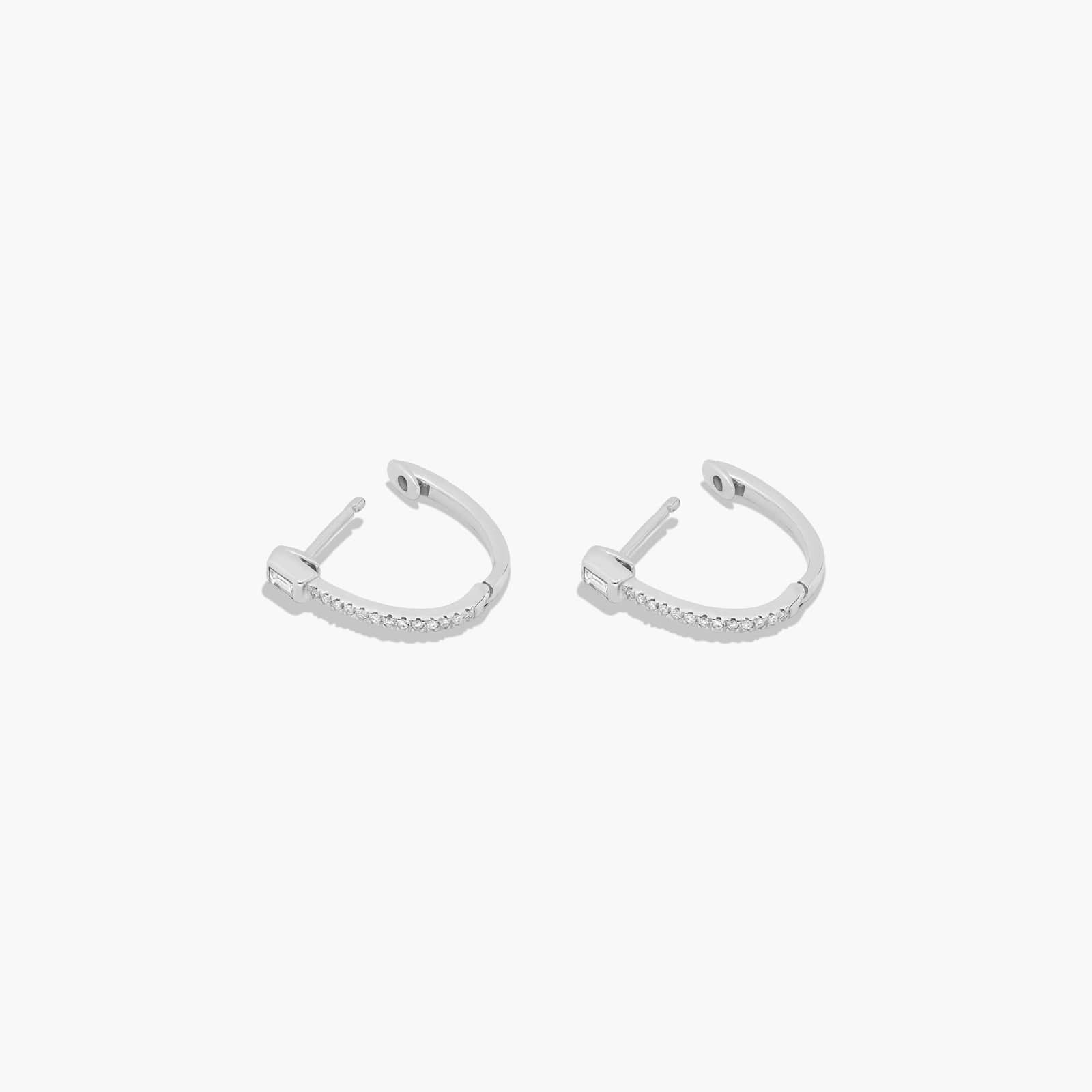 14K White Gold Dainty Diamonds Baguette Huggie Hoop Earrings