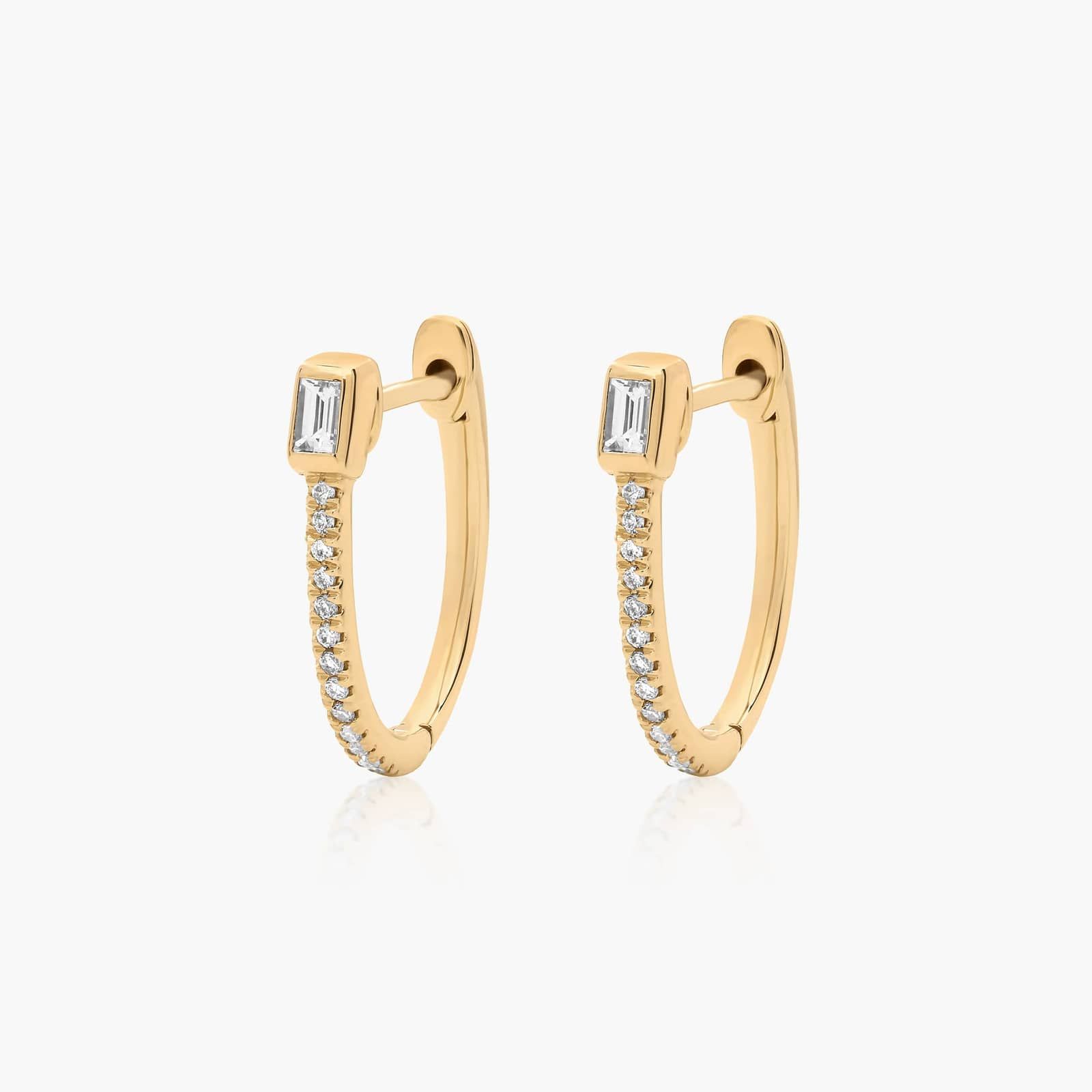 14K Yellow Gold Dainty Diamonds Baguette Huggie Hoop Earrings