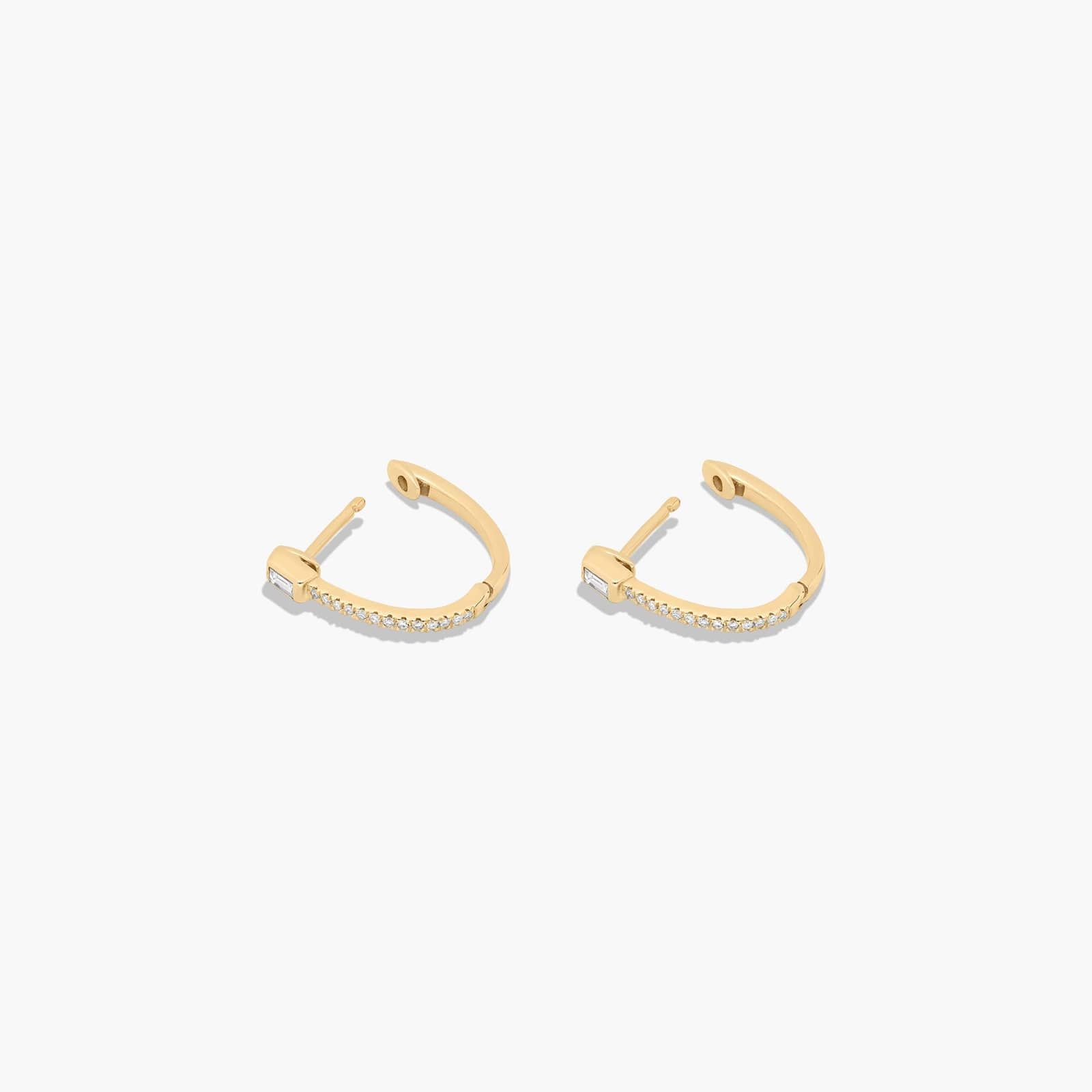 14K Yellow Gold Dainty Diamonds Baguette Huggie Hoop Earrings