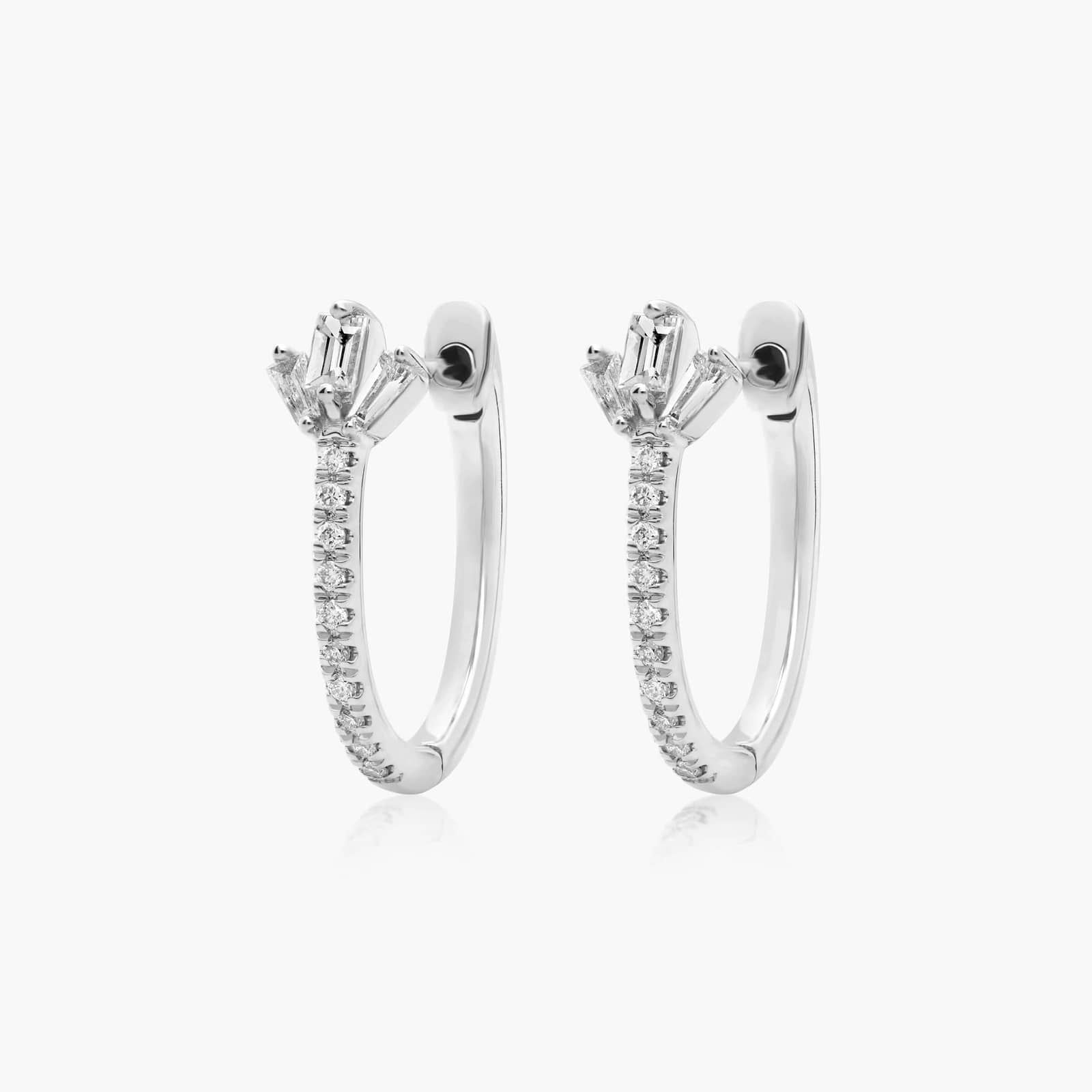 14K White Gold Dainty Diamonds Petal Detail Huggie Hoop Earrings