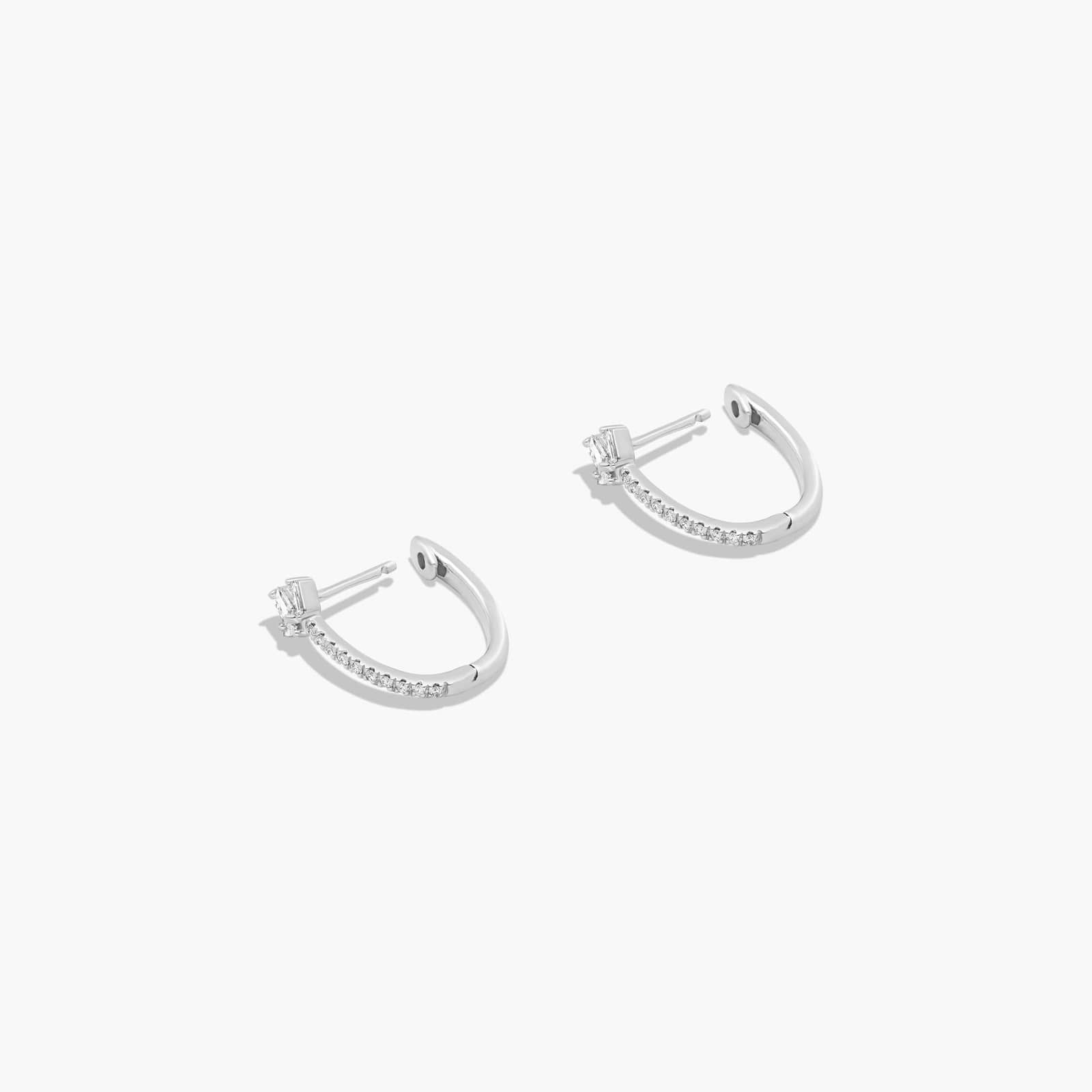 14K White Gold Dainty Diamonds Petal Detail Huggie Hoop Earrings