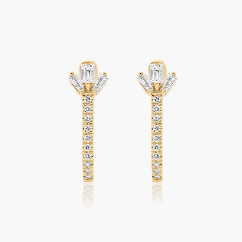 14K Yellow Gold Dainty Diamonds Petal Detail Huggie Hoop Earrings
