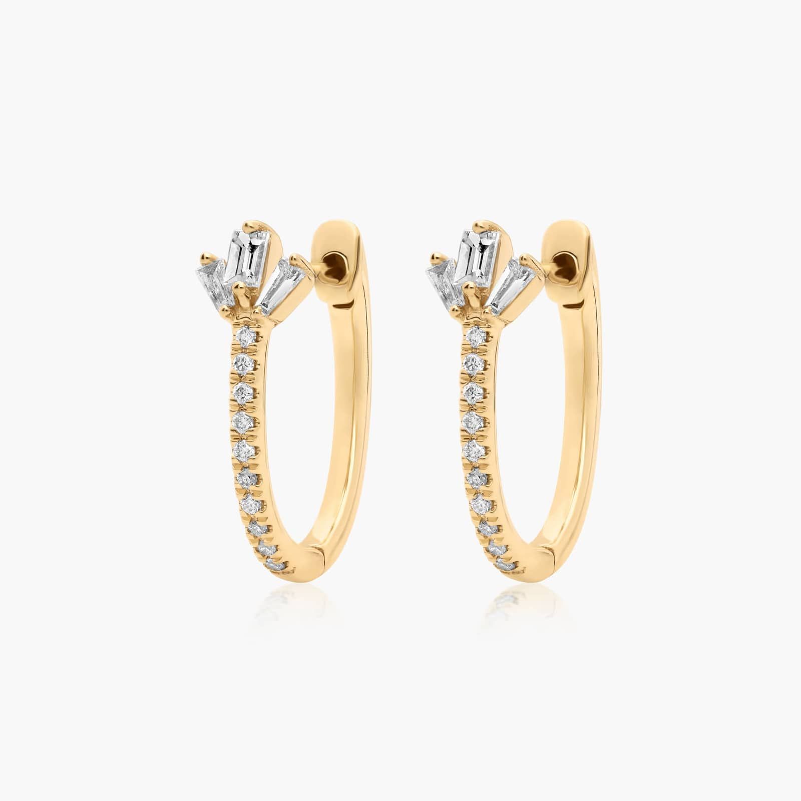 14K Yellow Gold Dainty Diamonds Petal Detail Huggie Hoop Earrings