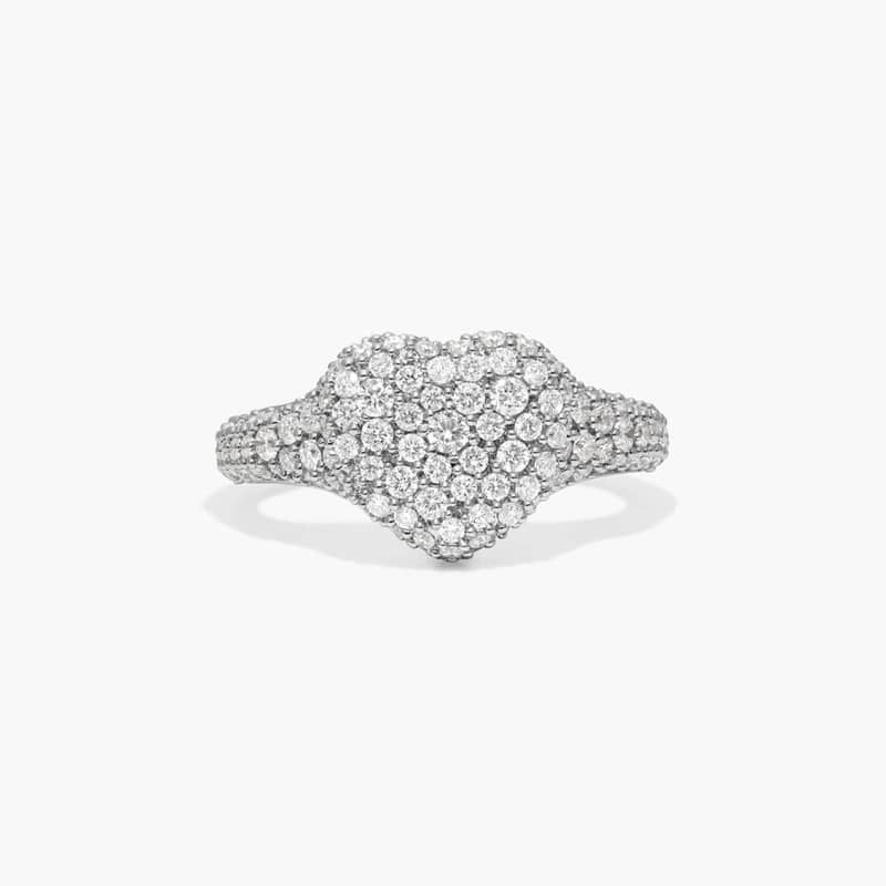 Pavé Heart Signet Ring With 0.75 CTW Round Lab-Grown Diamonds In 14K White Gold