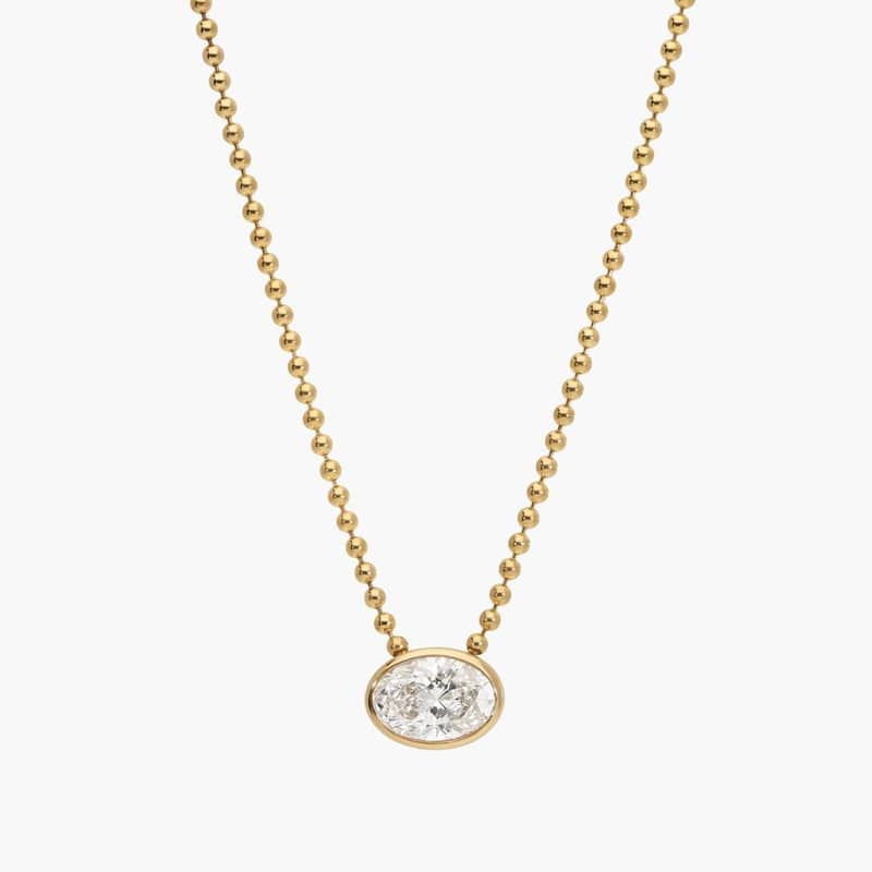 East-West Bezel Solitaire Bead Chain Necklace With 1 CTW Oval Cut Lab-Grown Diamond In 14K Yellow Gold