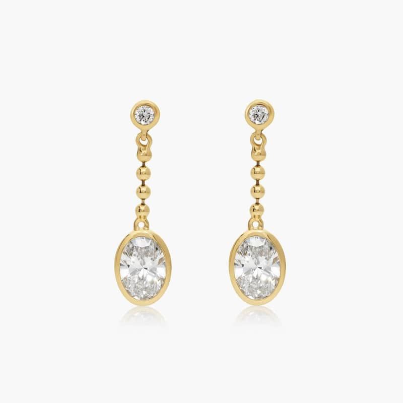Bezel Bead Chain Drop Earrings With 1 CTW Oval Cut Lab-Grown Diamonds In 14K Yellow Gold