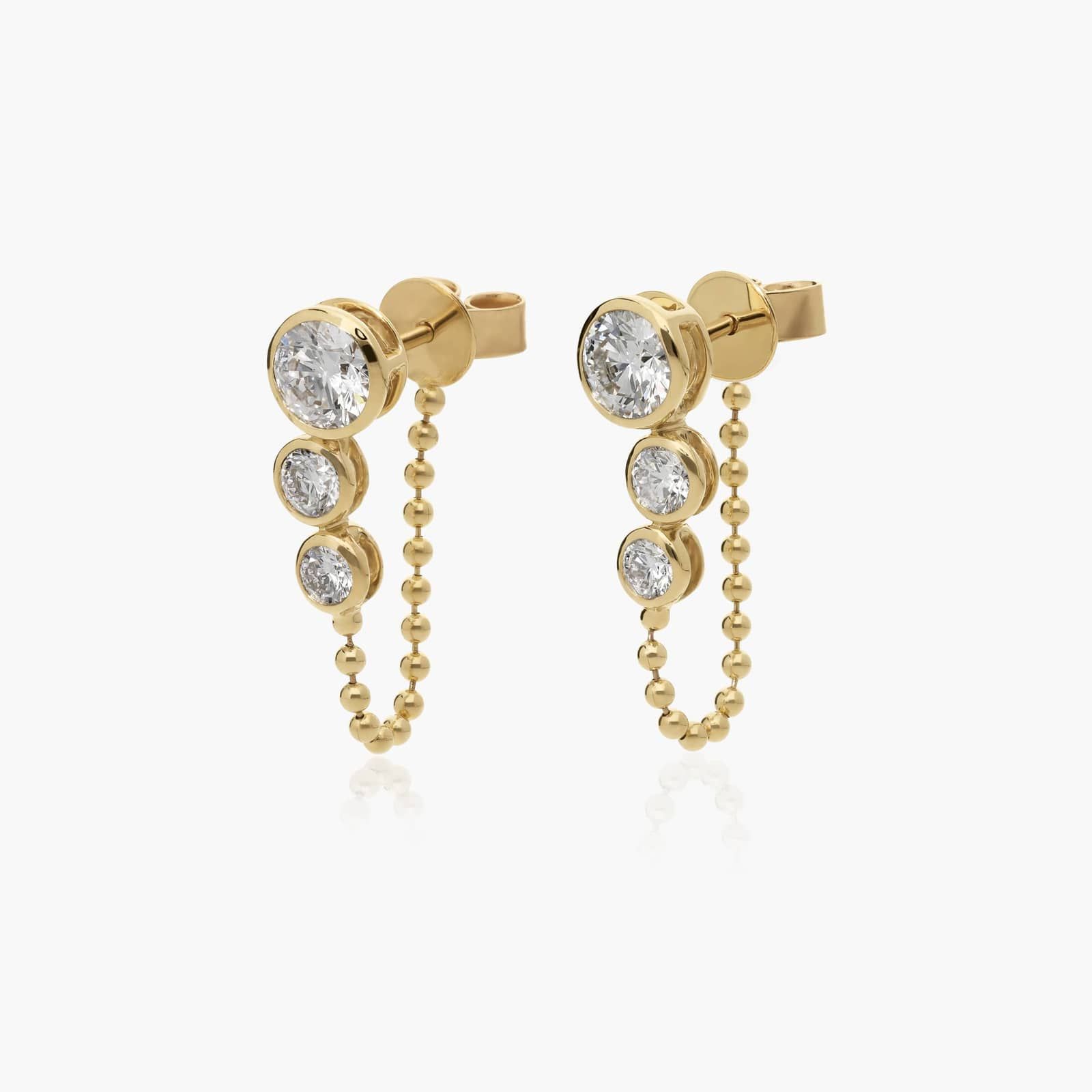 Bezel Front-Back Beaded Chain Earrings With 1.5 CTW Round Cut Lab-Grown Diamonds In 14K Yellow Gold