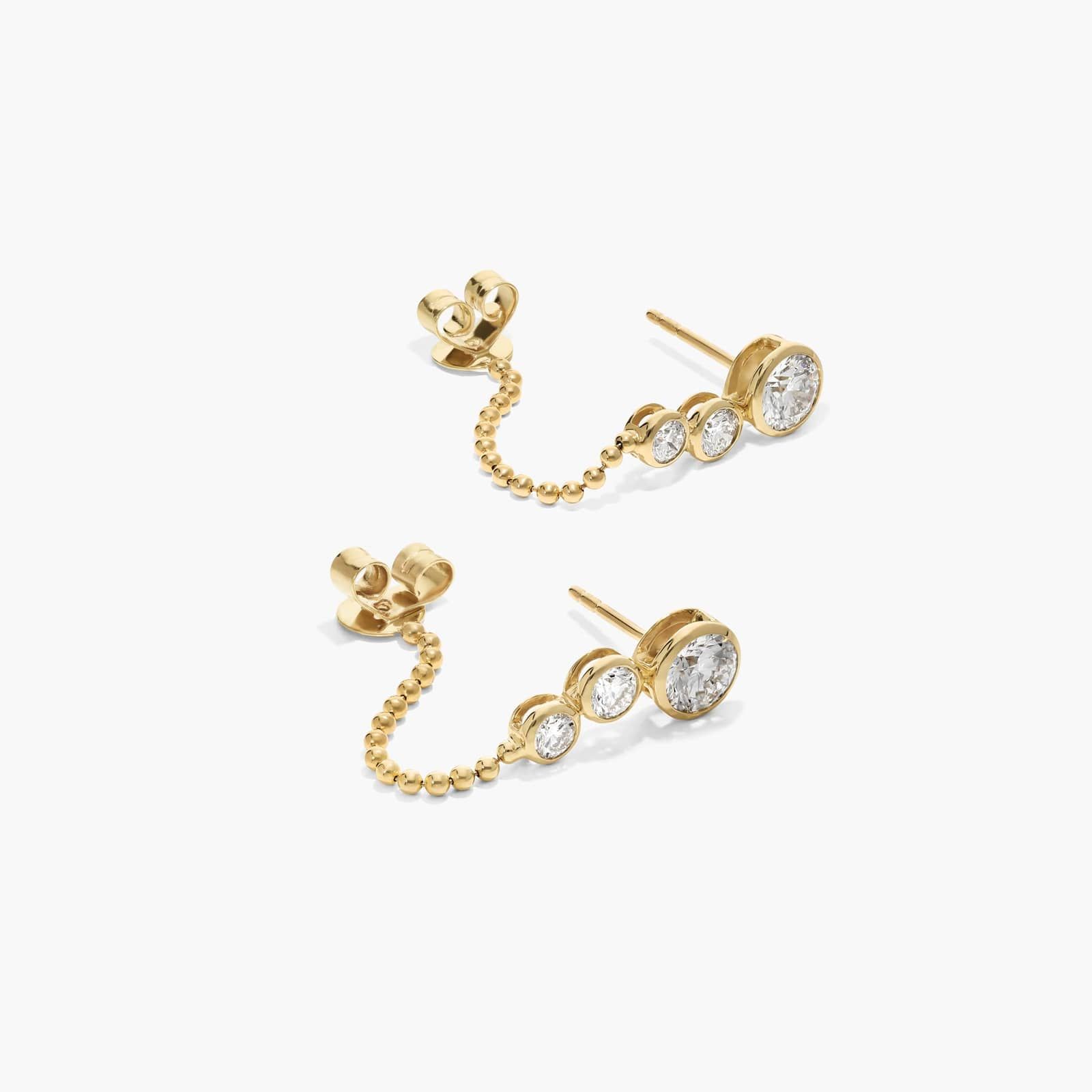 Bezel Front-Back Beaded Chain Earrings With 1.5 CTW Round Cut Lab-Grown Diamonds In 14K Yellow Gold