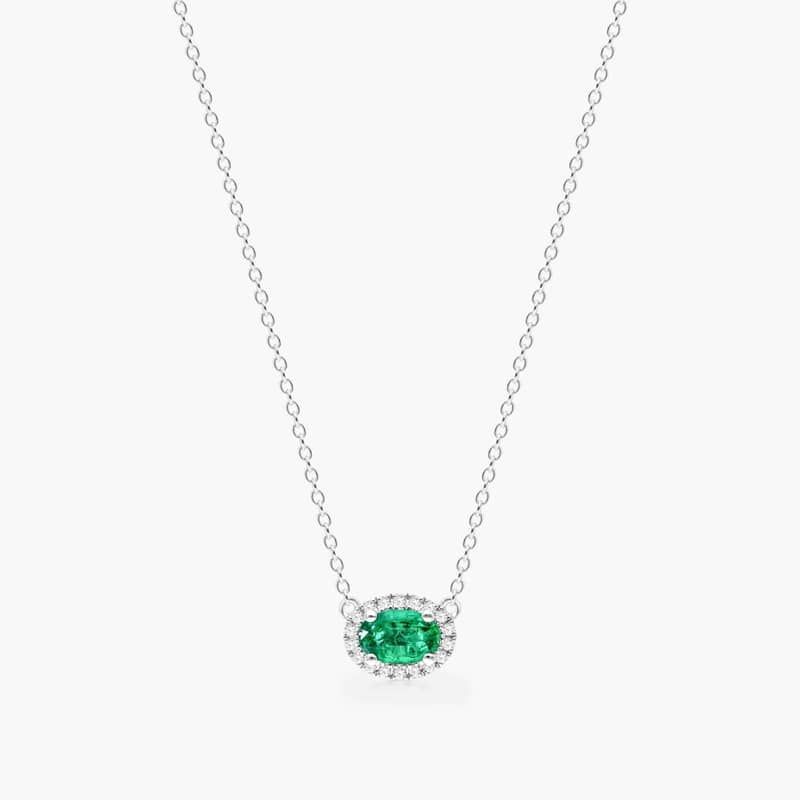 18K White Gold East West Set Oval Halo Emerald and Diamond Necklace (6.0x4.0mm)