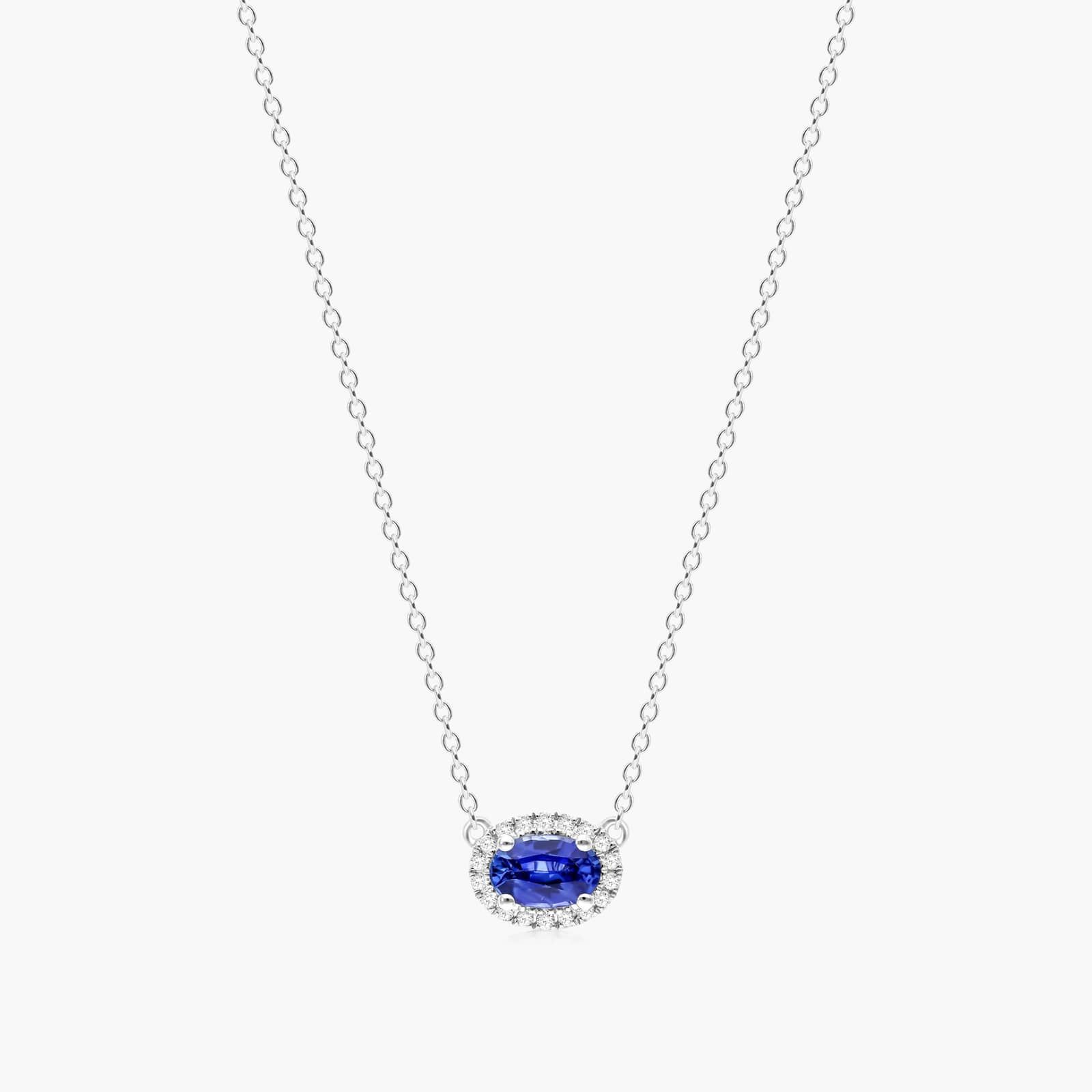 18K White Gold East West Set Oval Halo Sapphire and Diamond