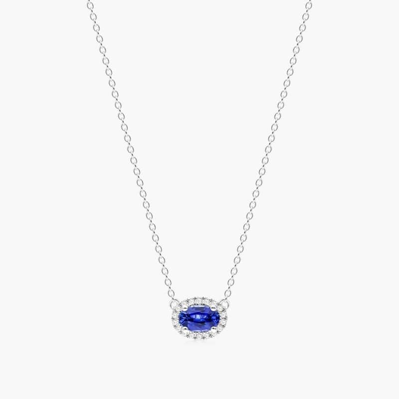 18K White Gold East West Set Oval Halo Sapphire and Diamond Necklace (6.0x4.0mm)
