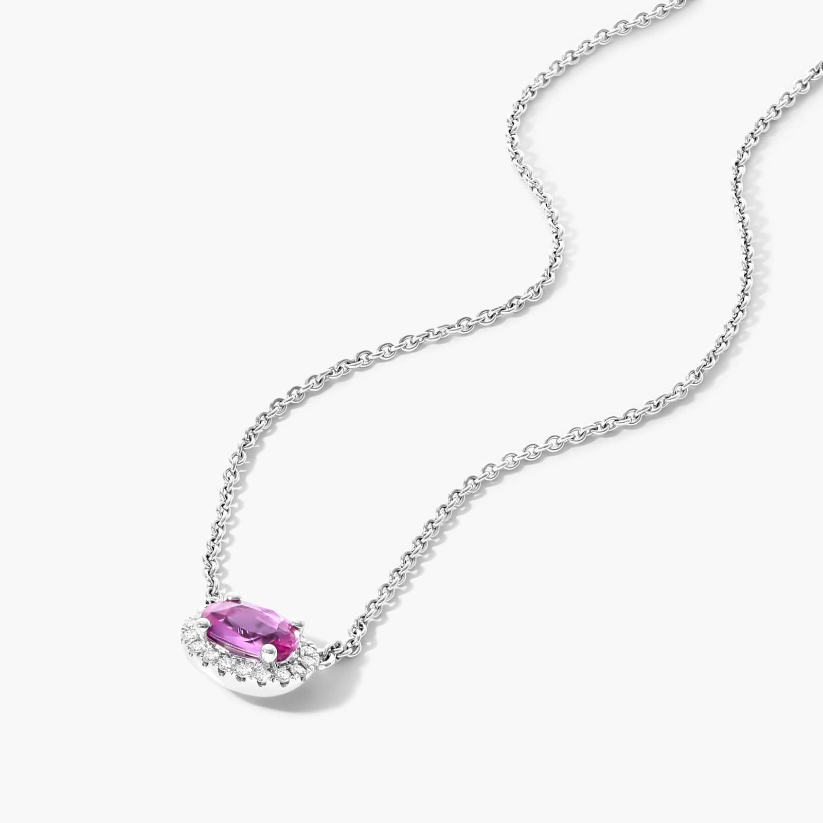 18K White Gold East West Set Oval Halo Pink Sapphire and Diamond Necklace (6x4mm)