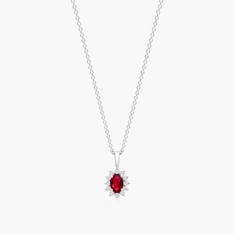 18K White Gold Oval Halo Ruby And Diamond Necklace