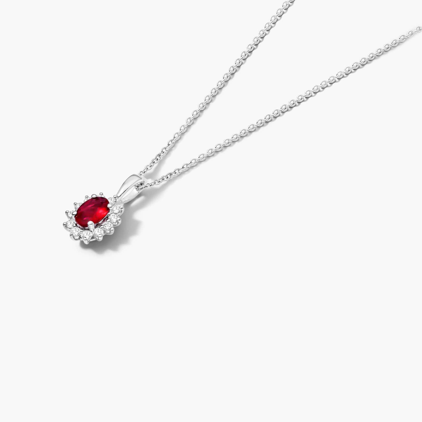 18K White Gold Oval Halo Ruby And Diamond Necklace