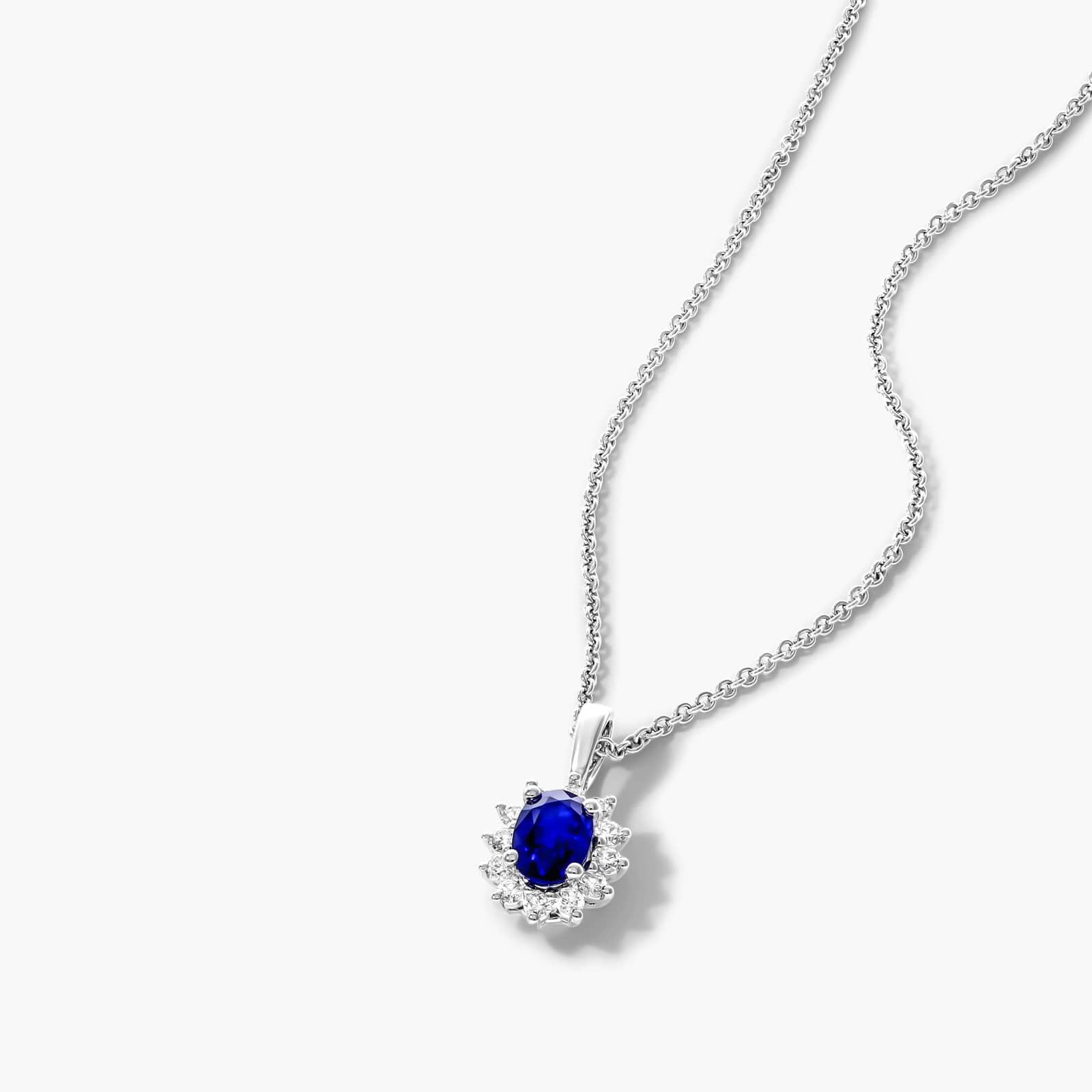 18K White Gold Oval Halo Sapphire And Diamond Necklace