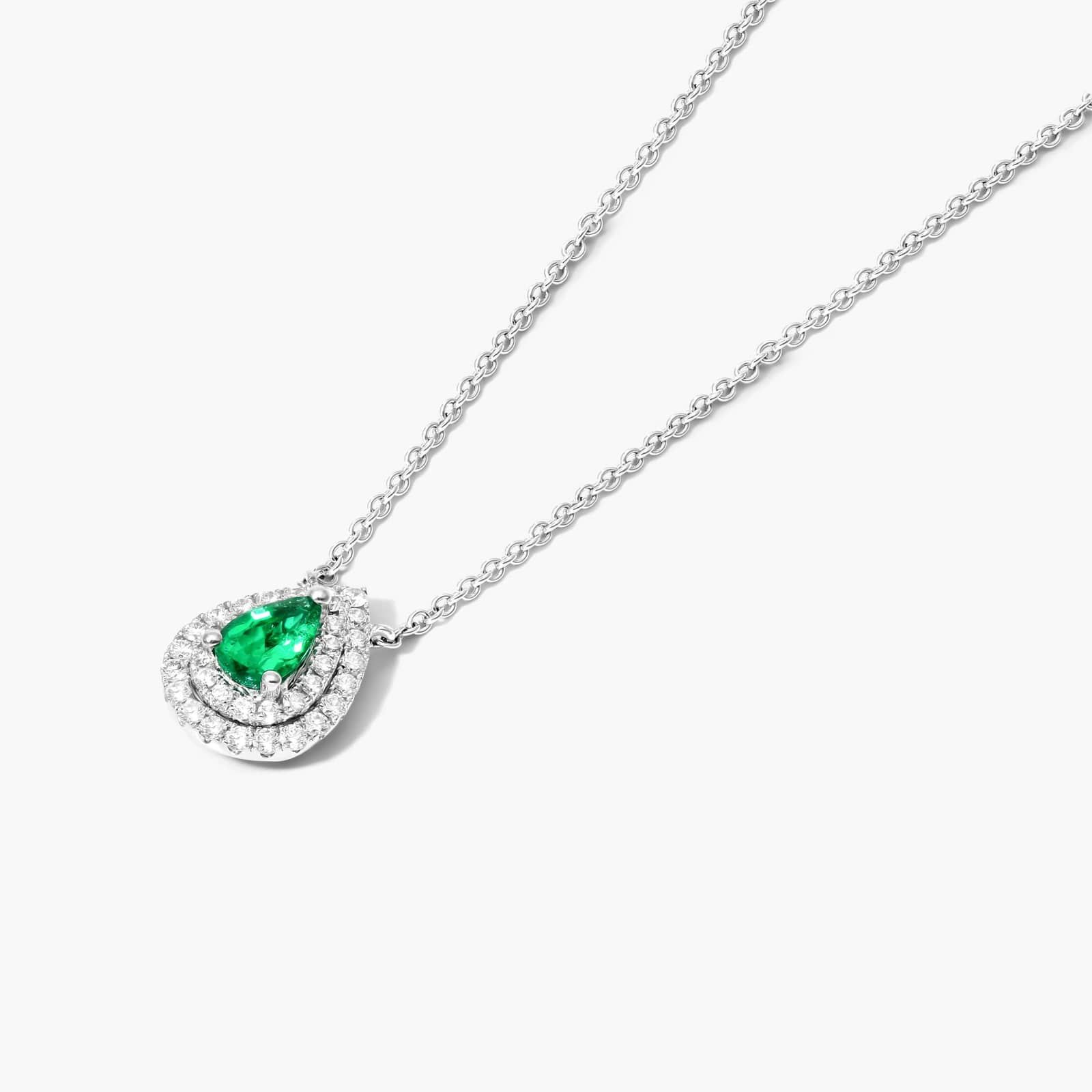 18K White Gold Pear Shape Emerald Double Diamond Halo Necklace