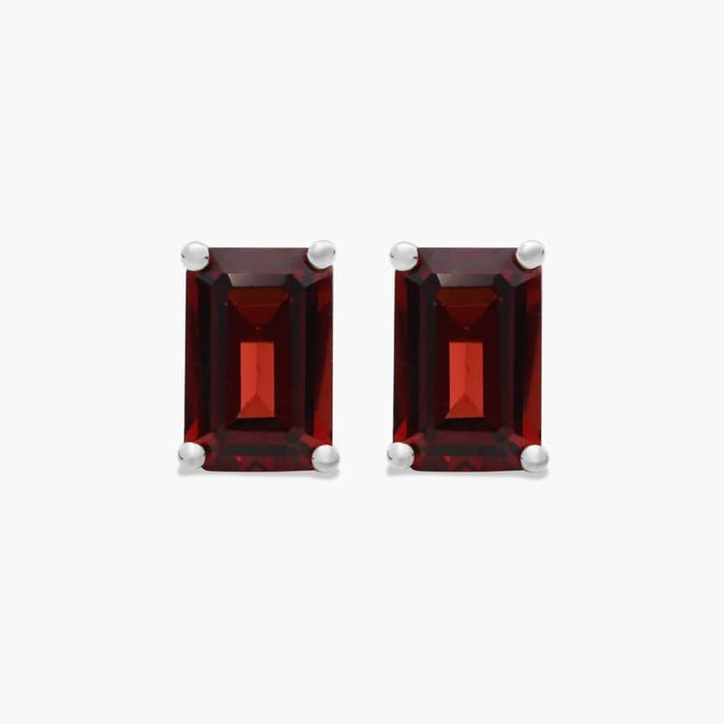 Emerald Cut Garnet Birthstone Stud Earrings In 14K White Gold