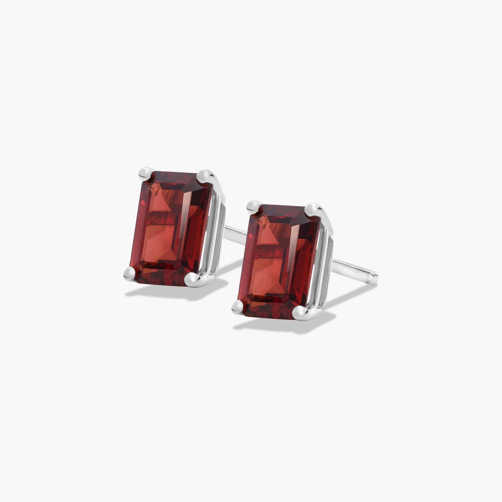 Emerald Cut Garnet Birthstone Stud Earrings In 14K White Gold