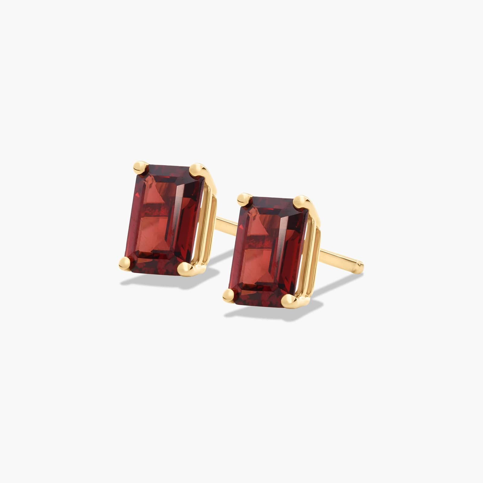 Emerald Cut Garnet Birthstone Stud Earrings In 14K Yellow Gold
