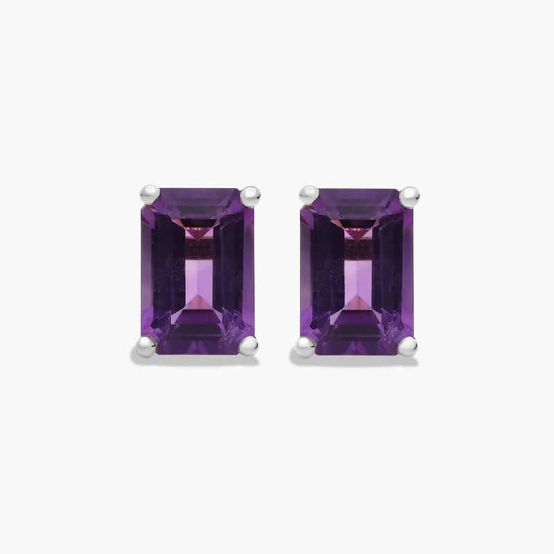Emerald Cut Amethyst Birthstone Stud Earrings In 14K White Gold
