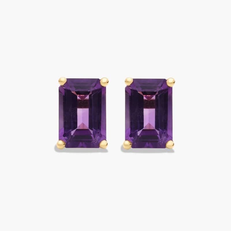 Emerald Cut Amethyst Birthstone Stud Earrings In 14K Yellow Gold