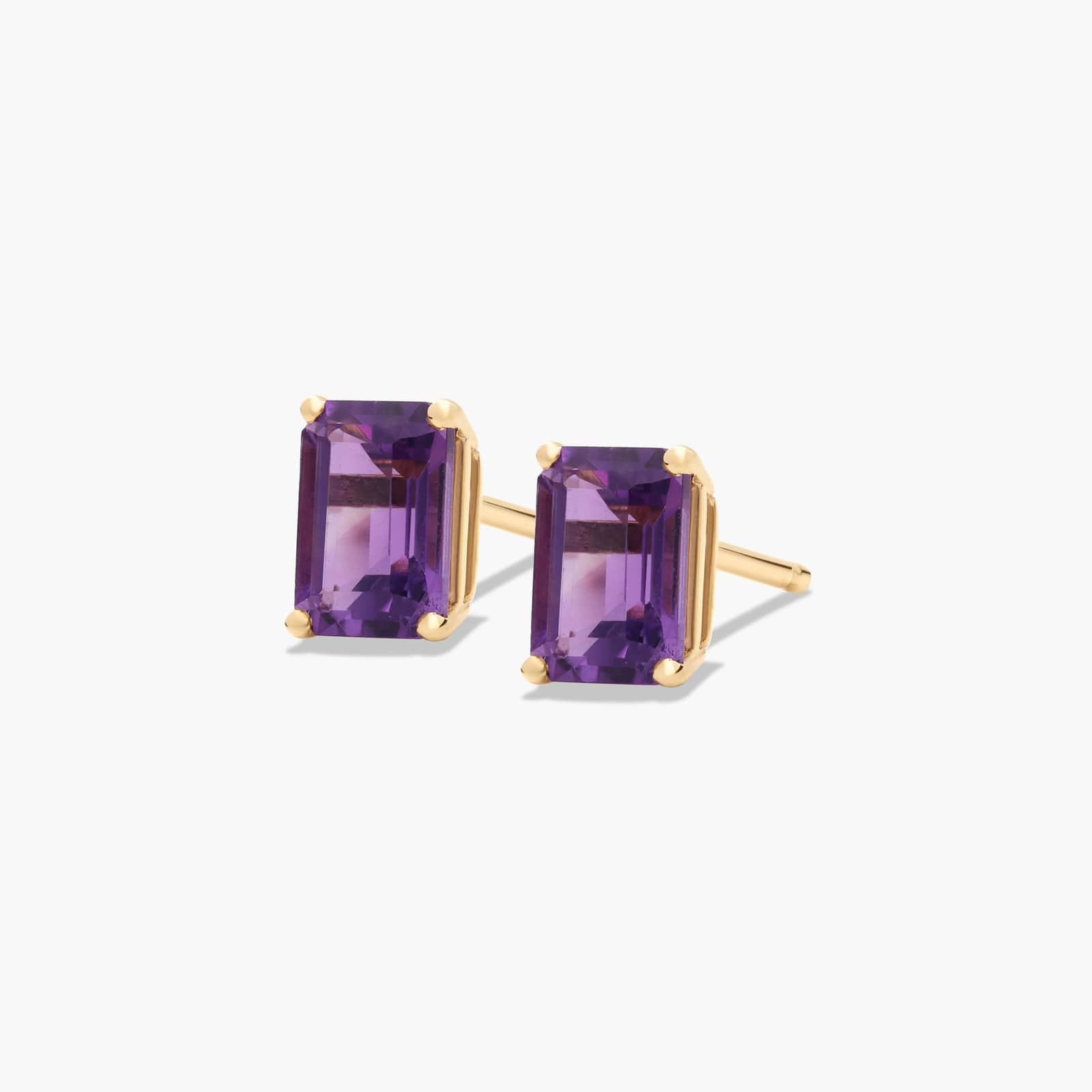 Emerald Cut Amethyst Birthstone Stud Earrings In 14K Yellow Gold